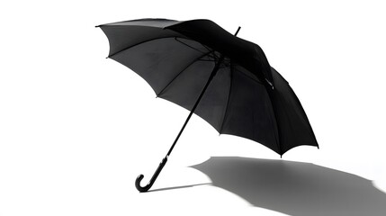A solitary black umbrella cast against a stark white background, its shape defined by shadow and light