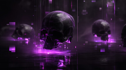 Multiple Digital Skulls in Purple Code Field a high-resolution, conceptual visual design ideal for use in digital media, stock content, or educational and marketing applications.