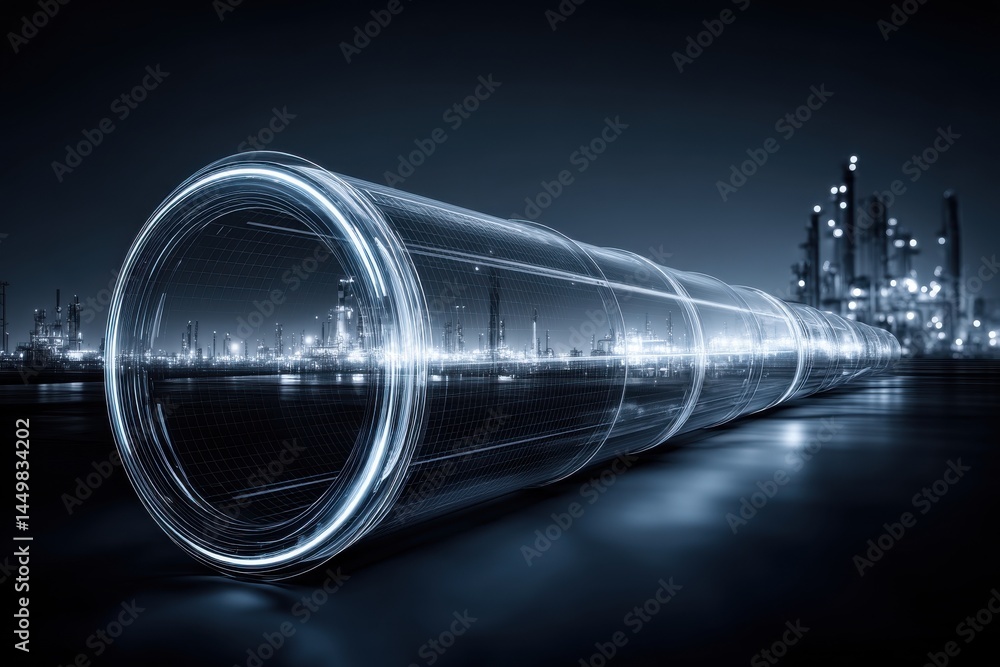 Poster abstract technology background with a glowing pipe in the foreground, creating a futuristic perspect