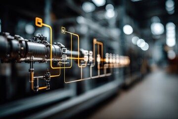 A close-up of metal pipes connected to an industrial system with a network diagram, highlighting a technological process in a factory setting, modern industry.