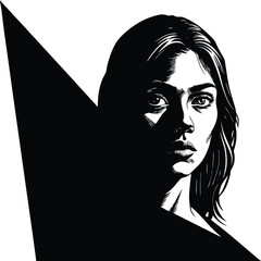 Portrait of a young woman, shot in shadows, with a vertical beam of light projected onto her eye