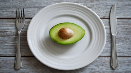 A halved avocado with the seed on a white plate with a fork and knife on a wooden table surface