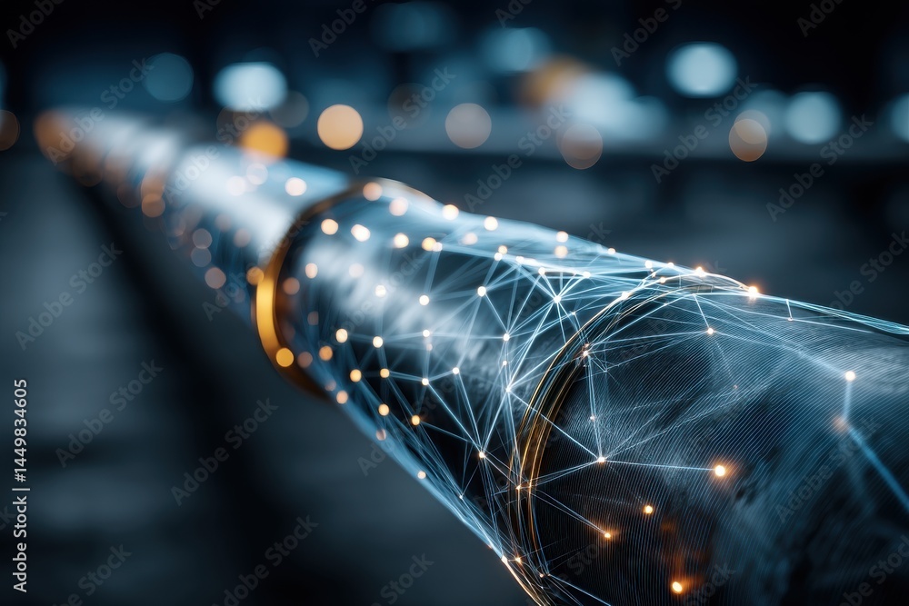 Poster abstract technological pipeline with a network of interconnected nodes and glowing lights, conveying