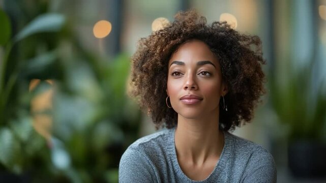 A close-up portrait of a thoughtful woman with curly hair gazing off into the distance. The background, soft and verdant, accentuates her thoughtful expression.