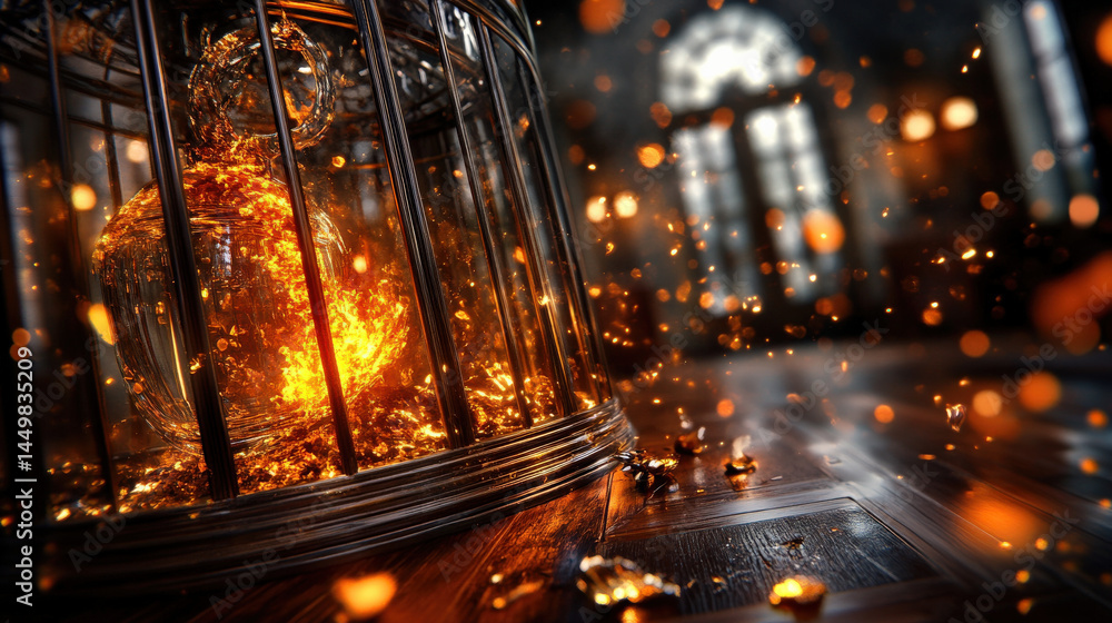 Aufkleber glowing, fiery orb is encased within metal birdcage, casting warm light and reflections on wooden fl