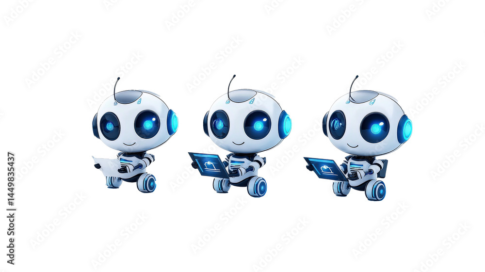 Aufkleber Three cute robots with blue glowing eyes and wheels are holding tablets and paper, showcasing futuristic and friendly design. They appear to be engaged in digital workflow