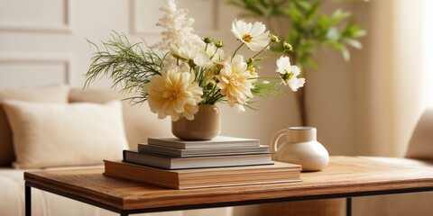 Fototapeta premium Cozy minimalist interior with wooden coffee table and serene background