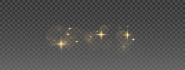 Sparkling golden bokeh lights and glitter dust on black background, magical abstract texture with flare and shine, festive confetti-style light effect for celebration illustrations