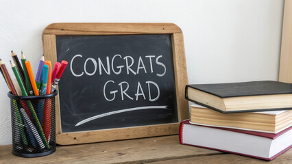 A graduation blackboard with a congratulatory message for a graduate, set for a celebration.