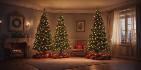 Ornate Christmas tree, glowing lights, cozy room,  xmas,  ornaments,  decor