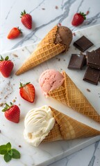 Strawberry, vanilla, chocolate ice cream in waffle cones on a marble surface.