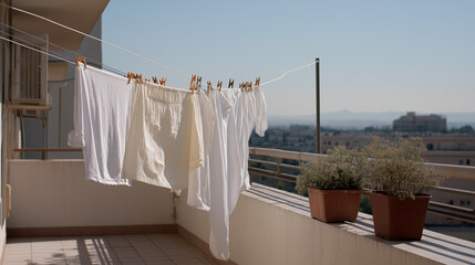 Laundry drying on a rooftop under the sun in a city setting