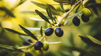 Close-up of olives on a branch. Lush green leaves surround the dark, ripe fruit