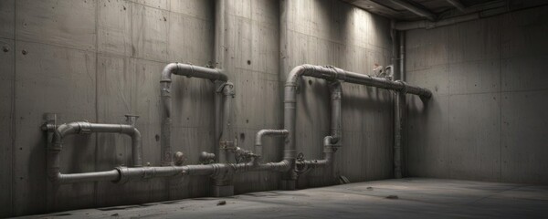 Raw concrete wall, exposed pipes, metallic machinery gleam ,  equipment,  construction
