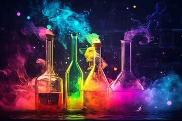 Colorful laboratory glassware with swirling smoke and vibrant liquids against a dark background