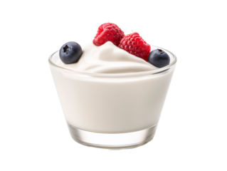 a glass of yogurt with berries