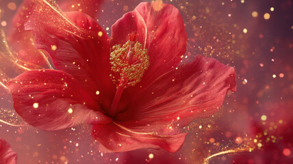 Red Blossom with Shimmering Sparkles on Soft Background a high-resolution, conceptual visual design ideal for use in digital media, stock content, or educational and marketing applications.