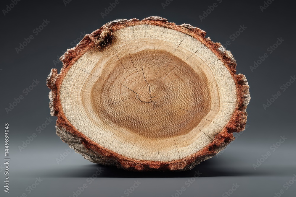 Poster close-up view of the detailed texture and growth rings of a cut tree trunk showing time, featuring t