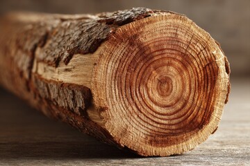 A close-up of a felled tree trunk, showcasing its detailed wood grain and growth rings. The rough bark adds texture, lying on a rustic wooden surface.