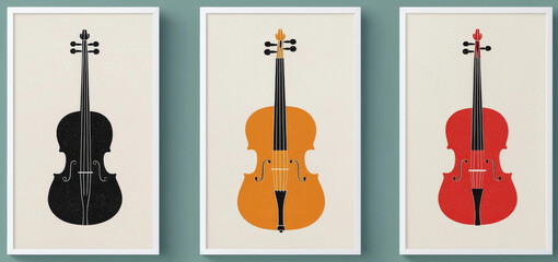 Stylish illustrations of three string instruments, showcasing black violin, orange viola, and red cello, perfect for music lovers