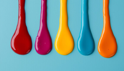 Colorful paint drips in vibrant shades of red, purple, yellow, and blue create visually striking composition on blue background