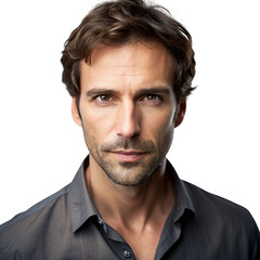 Fototapeta premium Confident young male actor posing for a professional headshot in a button up shirt on a clean Transparent Background, ideal for marketing or lifestyle use