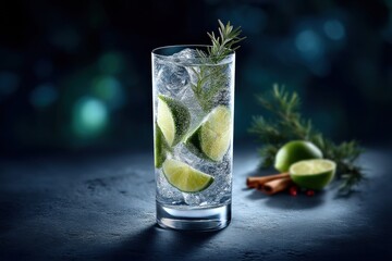 Fototapeta premium Refreshing gin and tonic drink with lime slices, rosemary, and ice cubes, served in a highball glass on a textured blue background with herbs and spices.