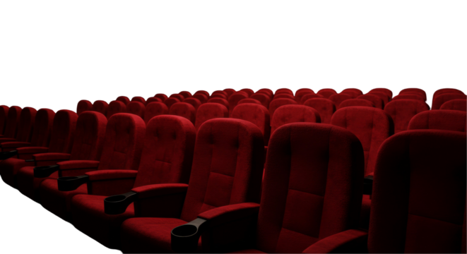 Rows of red seating in a darkened theater