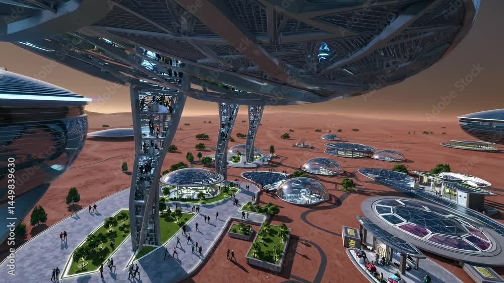 Aufkleber colonists are walking and working in a futuristic mars base with a large circular structure, smaller