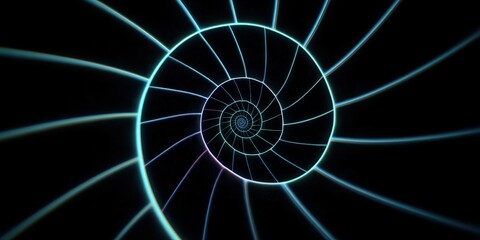 Neon Fibonacci Spiral Visualization Luminous Mathematical Art Captivating Digital Interpretation of Nature's Code Mesmerizing Glow of the Infinite Sequence
