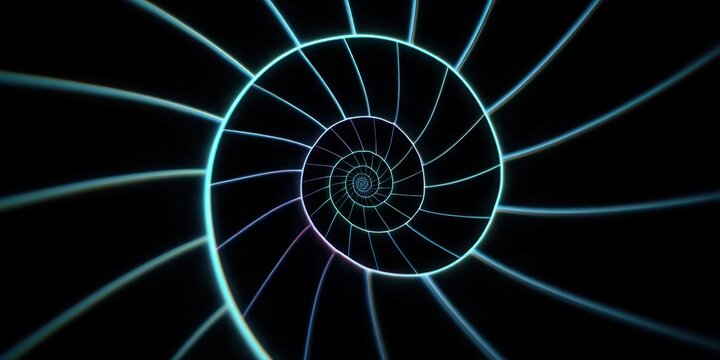 Neon Fibonacci Spiral Visualization Luminous Mathematical Art Captivating Digital Interpretation of Nature's Code Mesmerizing Glow of the Infinite Sequence
