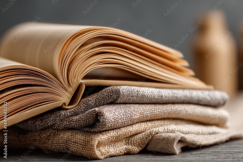 Poster an open book rests on a stack of folded fabric, creating a sense of quiet contemplation and inviting