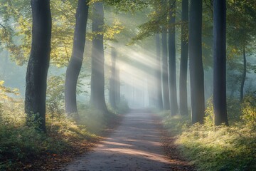 Naklejka premium Foggy woodland path early morning soft light rays piercing trees natural tones balanced composition realistic textures sharp focus in foreground