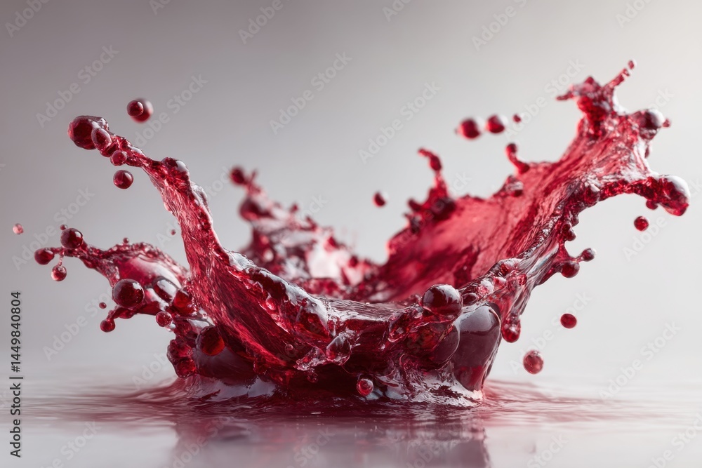 Poster a dynamic close-up shot capturing the mesmerizing splash of a vibrant red liquid, freezing the momen