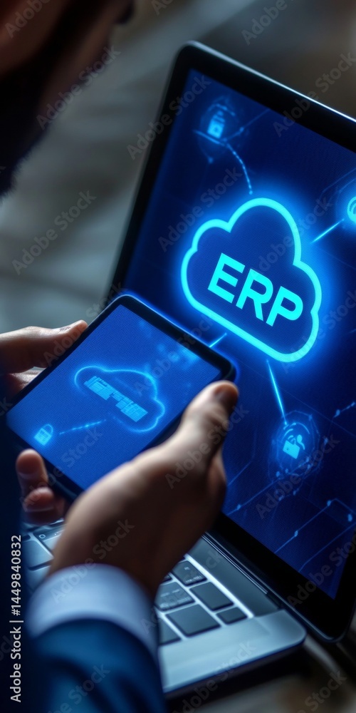Aufkleber businessman accessing cloud-based erp system via mobile device, glowing text on laptop