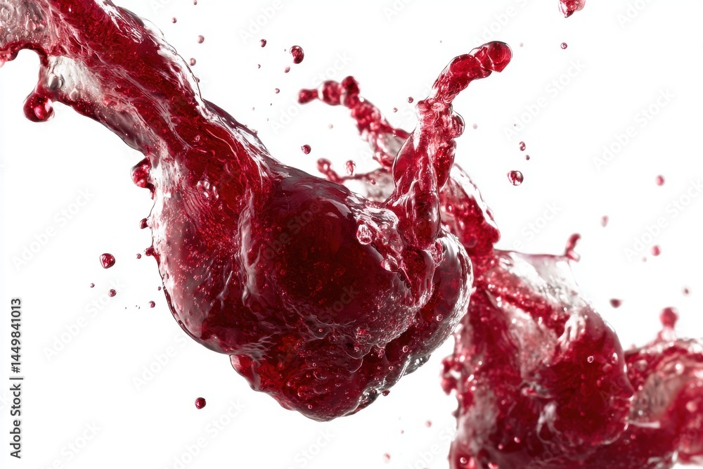 Poster a dynamic and captivating shot of a splash of red wine against a white background, creating a fluid 