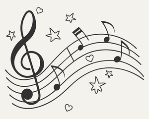 Musical notes flowing with a treble clef stars and hearts simple black line art design whimsical style