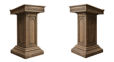 Two wooden podiums against a black background