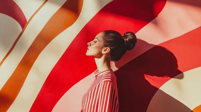 Woman in red standing against bold striped backdrop