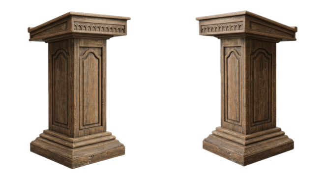 Two wooden podiums against a black background