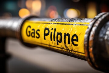 Close-up of a yellow gas pipeline with the words "Gas Pilpne" printed on it, showing the importance of gas pipelines in transporting natural resources.