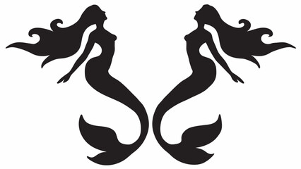 Naklejka premium Two elegant mermaid silhouettes a graceful and symmetrical design in black on white perfect for nautical themed art