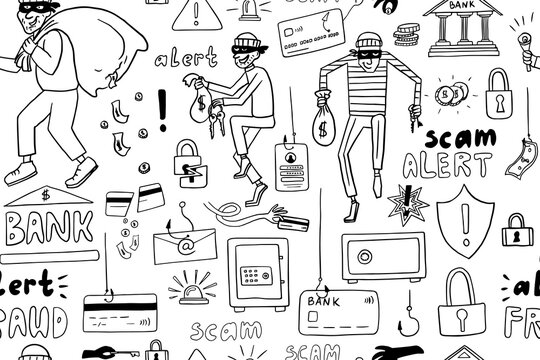 Seamless pattern of bank thieves, phone fraudster and computer scammers. Bank card, credit card, safe deposit, cheater, alarm system, fishing, scam, alert, finance, bag money. Hand drawn