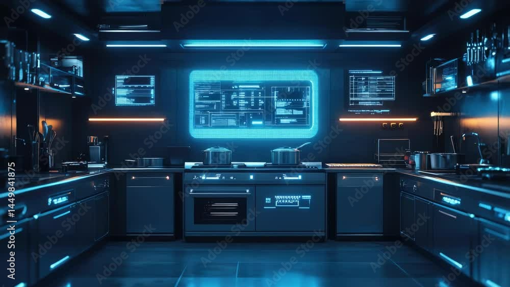 Poster futuristic smart kitchen with advanced holographic interface, touch screen controls, and high-tech d