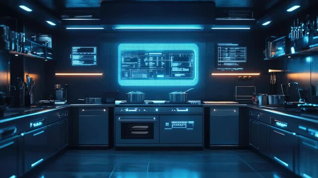 Futuristic smart kitchen with advanced holographic interface, touch screen controls, and high-tech design. Concept of AI-driven home automation and modern technology