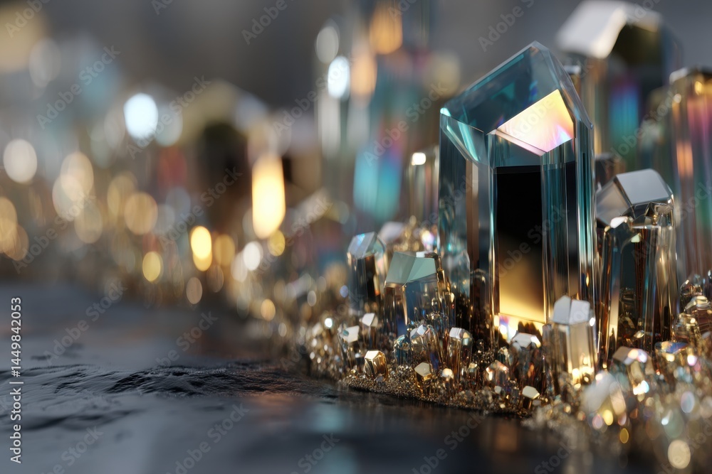 Poster an abstract macro image of colorful crystals with iridescent reflections and golden accents, creatin
