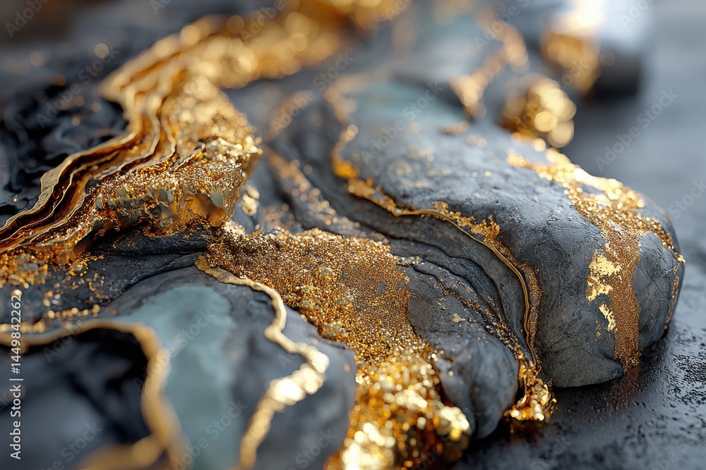 Poster an opulent and intricate abstract design featuring gold streaks and granular textures interwoven wit