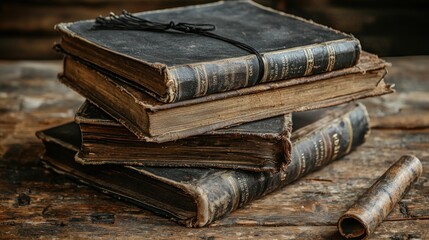 Stack of old, worn books on a rustic, wooden surface