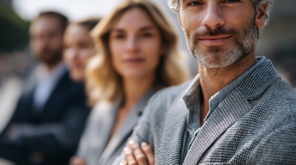 A group of professionals stands in a line with arms crossed, exuding confidence and teamwork. The background is slightly blurred, highlighting their expressions and the sunny atmosphere
