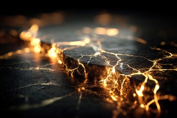 A dramatic close-up shot of cracked dark stone with glowing golden veins resembling molten lava flowing through the fissures, creating a textured abstract pattern and design.